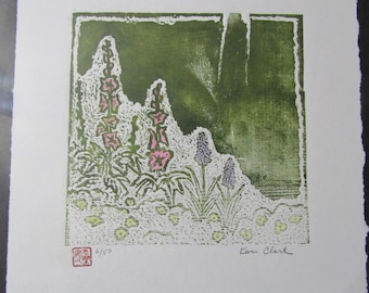 Aoi Hollyhock Garden Flowers original modern hand carved woodcut woodblock print Sosaku Moku Hanga Japanese washi paper signed Clark
