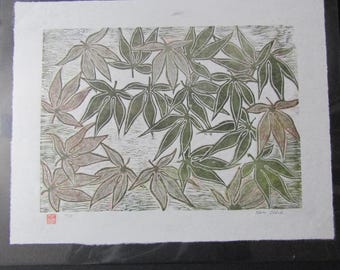 Japanese Maple tree leaf hand carved woodcut woodblock print Moku Hanga signed Kevin Clark