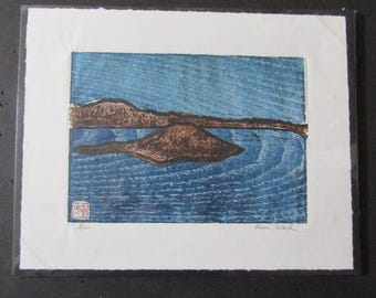 Crater Lake National Park Oregon Modern hand carved woodcut woodblock print Japanese moku hanga washi paper signed Kevin Clark