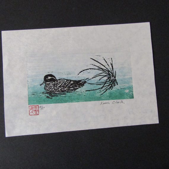 Duck Pond Grass Hand Carved Woodcut Woodblock Print Japanese Moku