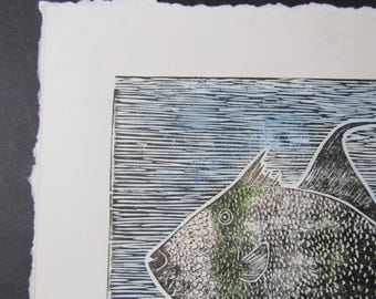 Ocean Sea Trigger Fish Kawahagi Hand Carved Woodcut Woodblock