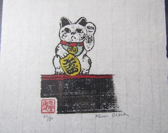 Maneki-neko Lucky Cat kitty kitten Woodblock print woodcut Moku Hanga Japanese Washi signed Clark