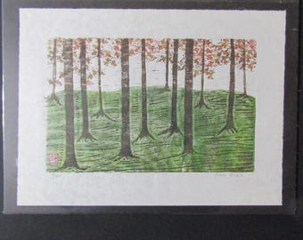 Modernist Maple Tree Forest Park original woodcut hand carved woodblock print Japanese Moku Hanga signed Kevin Clark