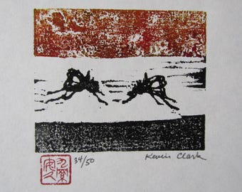 Two Mosquito bugs "Ka" modern hand carved woodcut woodblock print Japanese Moku Hanga Banhua signed Clark