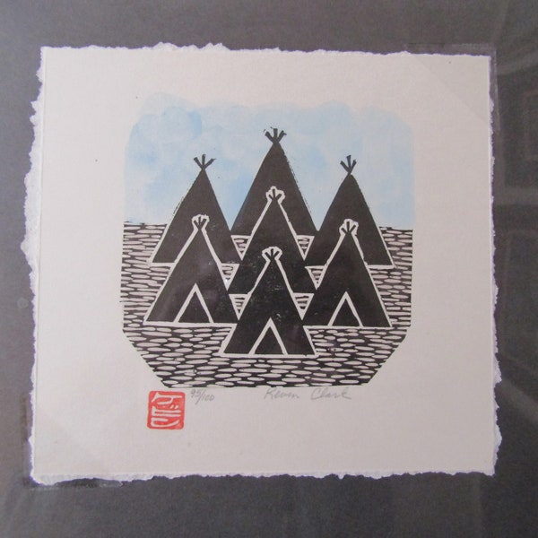 Teepee Village 7 Tents original hand carved woodblock print  Moku Hanga Japanese washi paper signed Kevin Clark