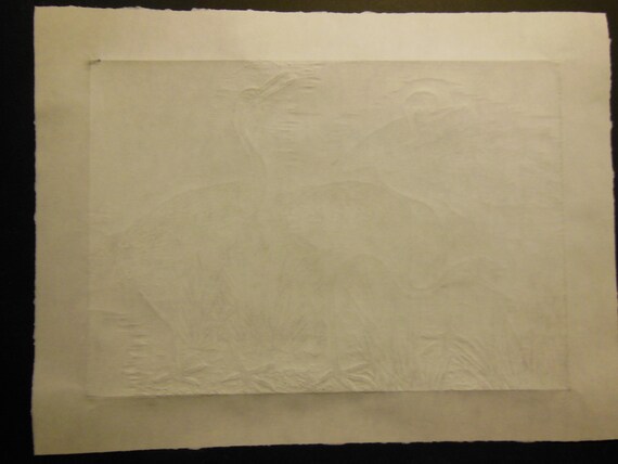 Cranes Tsuru Sagi Original Hand Carved Woodcut Woodblock Print