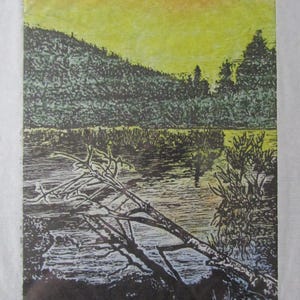 Forest River Landscape woodblock print Banhua Japanese Moku Hanga signed