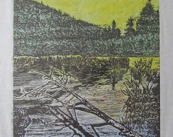 Forest River Landscape woodblock print Banhua Japanese Moku Hanga signed
