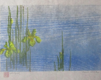 Wild Yellow Iris water Pool Original hand carved woodcut woodblock print Moku Hanga Japanese washi paper signed artist proof