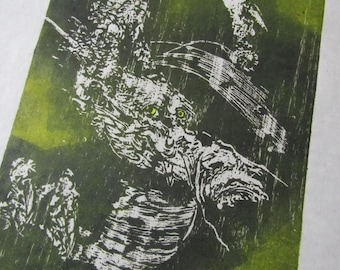 Smiling Dragon Wood Ryu liu LARGE hand carved woodblock print woodcut kaiju Japanese moku hanga washi paper signed Clark