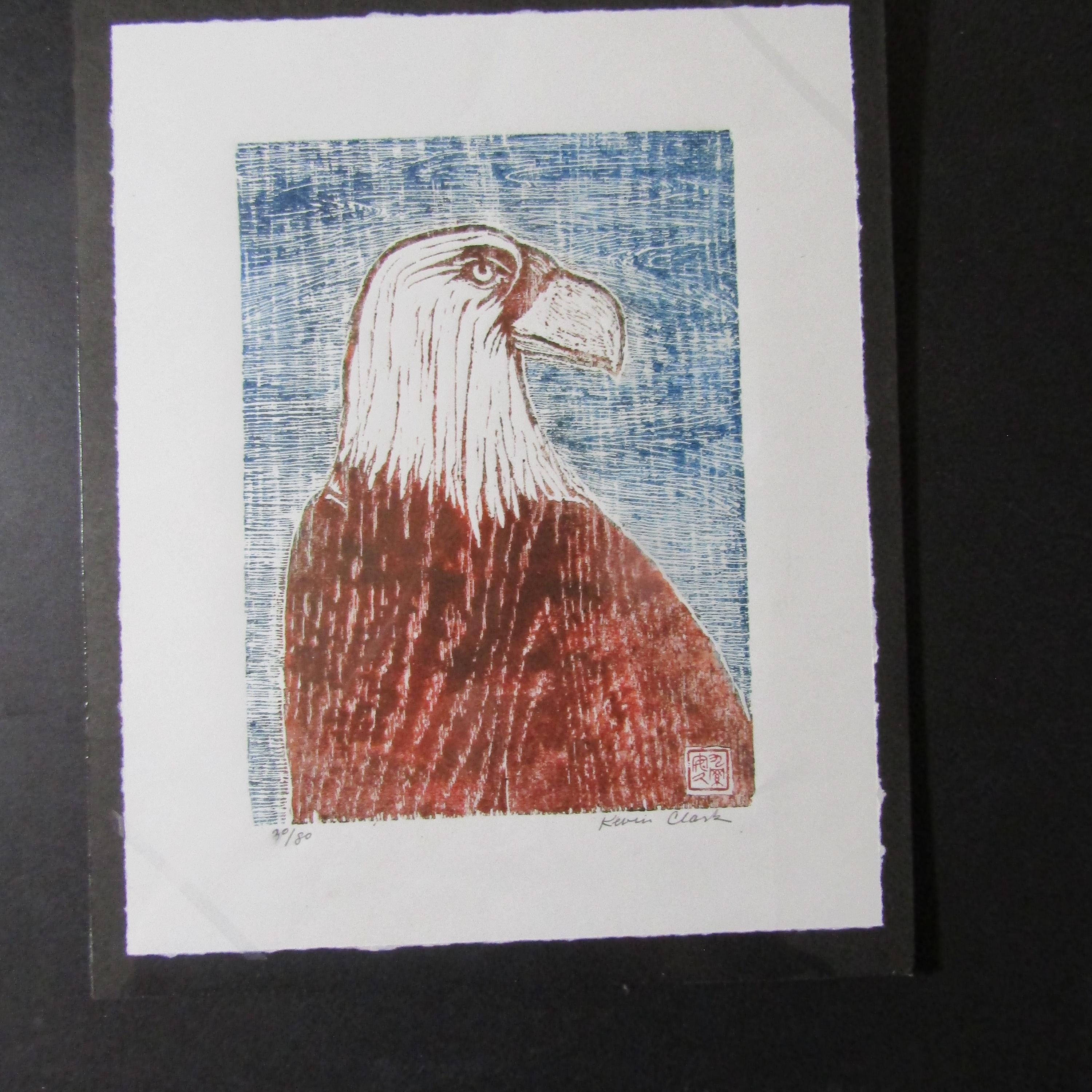 アメリカのハクトウワシの鳥、手彫りの木版画、木版画、日本の木版画