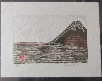 Red Fuji mountain Japan original hand carved woodcut woodblock print Moku Hanga Japanese washi paper signed Kevin Clark