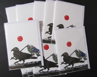 Crow raven Japanese Yatagarasu yata karasu koi nobori blank 5x7 greeting note cards moku hanga woodblock print reproductions set of 10