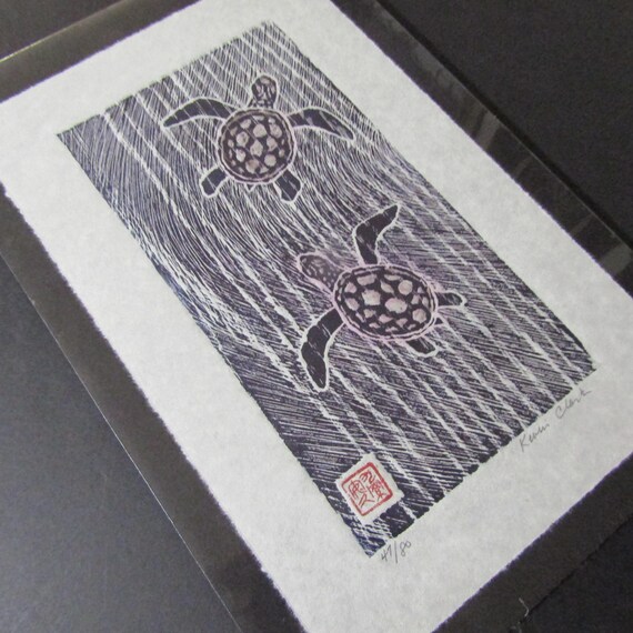 Ocean Sea Turtles Kame Woodcut Hand Carved Woodblock Print
