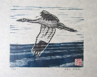 Flying Crane hand carved woodcut woodblock print Japanese moku hanga washi paper signed Kevin Clark