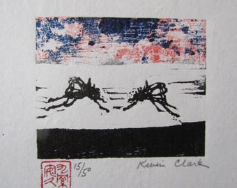 Two Mosquito bugs "Ka" modern hand carved woodcut woodblock print Japanese Moku Hanga Banhua signed Clark