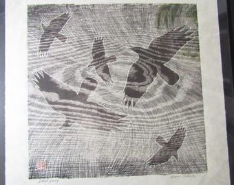 Crows Ravens Original woodcut woodblock print on Japanese moku hanga Washi paper signed Clark
