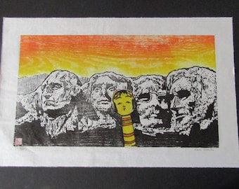 Kokeshi doll Selfie Mt Rushmore Washington Jefferson Lincoln Roosevelt carved woodcut woodblock print Japanese moku hanga washi signed Clark
