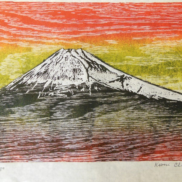 Fuji Mountain view hand carved woodblock print Japanese Moku Hanga Banhua signed Clark