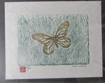 Grass Butterfly insect hand carved woodcut woodblock print Japanese moku hanga hdwashi paper signed Kevin Clark