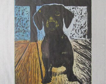 Dachshund Dog puppy hand carved woodcut woodblock print Japanese moku hanga washi paper signed Kevin Clark