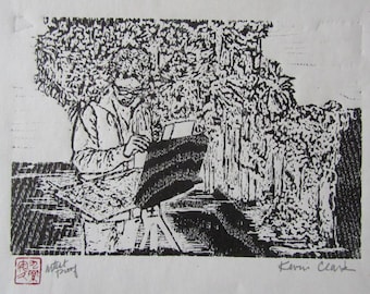 Plein Air Painter Artist portrait hand carved woodcut woodblock print Japanese moku hanga washi paper signed Clark