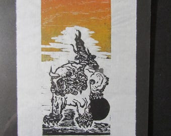 Tempel Okinawa Shisa Hund Löwe Holzschnitt Holzschnitt Moku Hanga japanische Washi signiert Clark