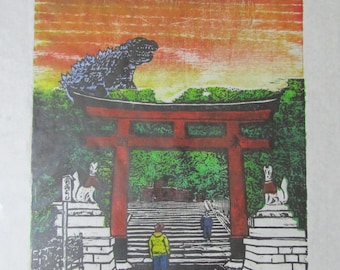 Kaiju godzilla-like Monster dinosaur Fushimi Inari Taisha Fox Shrine Temple Original woodblock print on Japanese Washi paper signed Clark