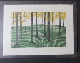 Modernist Maple Tree Forest Park original woodcut hand carved woodblock print Japanese Moku Hanga signed Kevin Clark