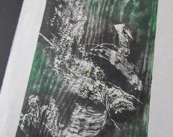 Smiling Dragon Wood Ryu liu LARGE hand carved woodblock print woodcut kaiju Japanese moku hanga washi paper signed Clark