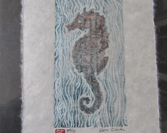 Ocean Seahorse sea dragon hand carved woodcut, woodblock print Japanese moku hanga washi paper signed Clark