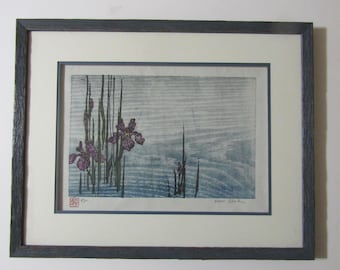 Wild Iris water Pool Original hand carved woodcut woodblock print Moku Hanga Japanese washi paper signed beautifully CUSTOM FRAMED