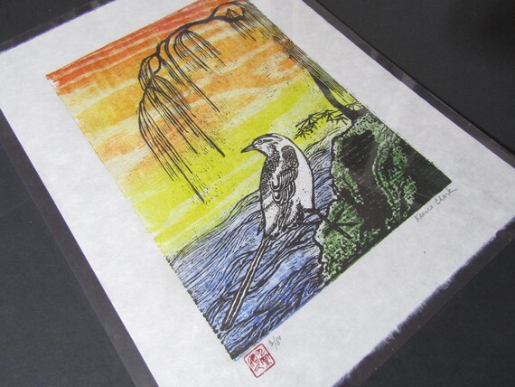 Sekirei Wagtail Bird Original Hand Carved Woodblock Print Woodcut