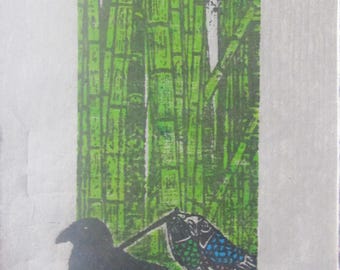 Yatagarasu Yata Karasu Bamboo Tree forest crow raven koi nobori woodblock print grabado woodcut Japanese Moku Hanga washi signed Clark