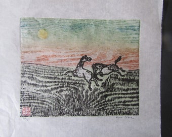 Wild Horse 2014 Horse Year hand carved woodblock print Japanese washi paper signed Clark