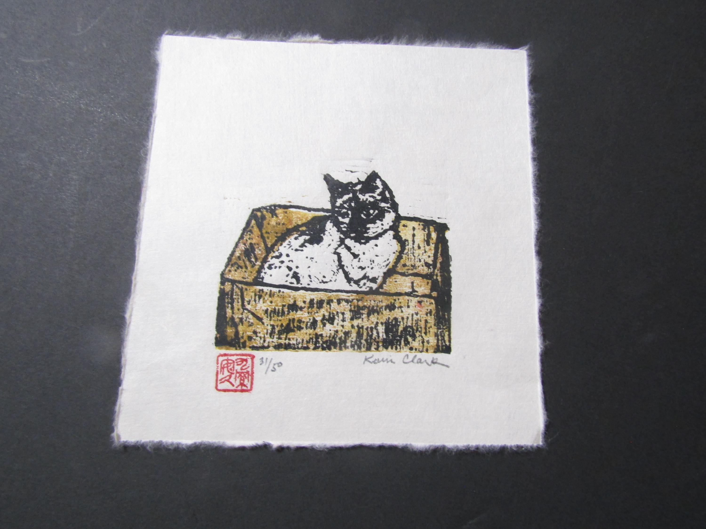 工芸品 NEKONEKO Cat in a Box Neko Woodblock Print Engraving Moku Hanga
