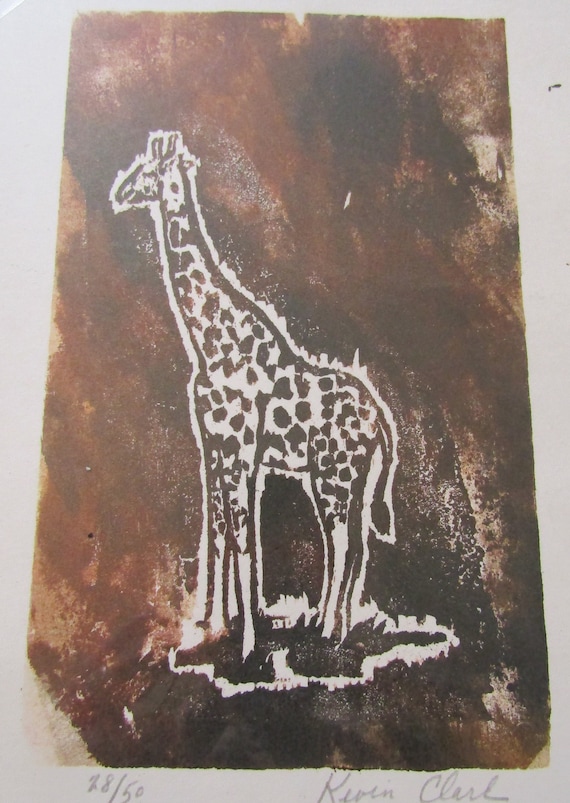 ヴィンテージ アフリカのキリン 手彫り 木版画 木版 手刷り オリジナル