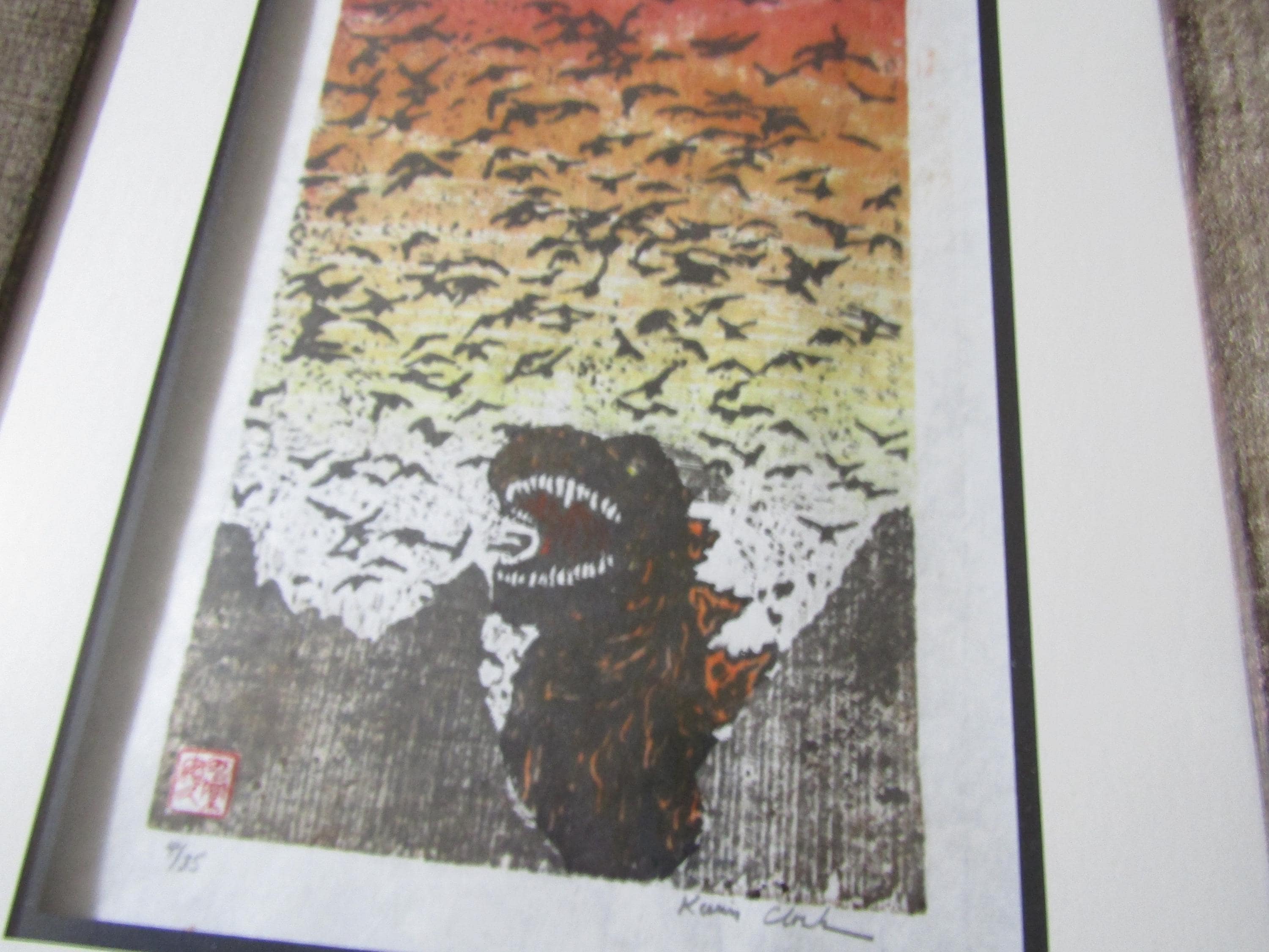 涙のモンスター tear monster 額装 アート クジラ 木製フレーム入 Kaiju Godzilla Monster Dinosaur & His Murder Crow Birds, Bats Hand