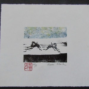 Two Mosquito bugs &quot;Ka&quot; hand carved woodblock print  Japanese Moku Hanga Banhua signed Clark