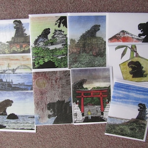Kaiju godzilla-como monstruo dinosaurio en blanco 5x7 tarjetas de notas xilografía reproducciones de impresión conjunto de 10