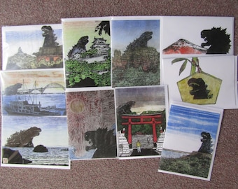 Kaiju Godzilla-Monster Dinosaurier blanko 5x7 Notizkarten Holzschnitt Reproduktionen 10er Set