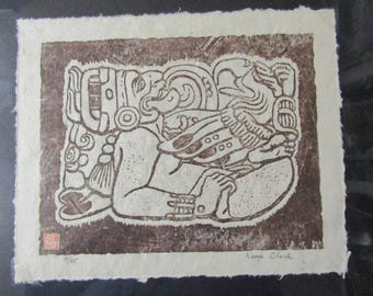 Mayan Glyph Copan hand carved woodcut grabado woodblock print Japanese moku hanga washi paper signed Kevin Clark