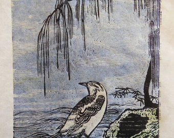 Sekirei wagtail Bird original hand carved woodblock print woodcut Banhua Japanese Moku Hanga signed Clark