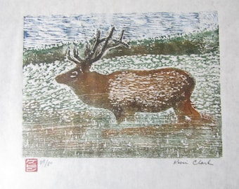 Elk Deer Caribou original hand carved woodblock print woodcut Japanese moku hanga washi paper signed Kevin Clark