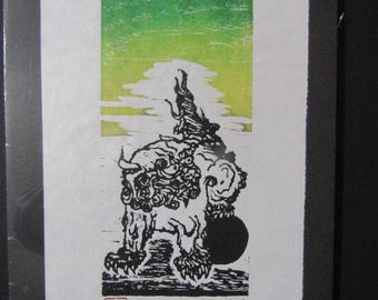 Temple Okinawa Shisa dog lion Woodblock print woodcut Moku Hanga Japanese Washi signed Clark
