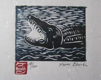 Alligator Crocodile original woodcut hand carved woodblock print Moku Hanga Japanese washi paper signed Kevin Clark