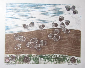 Acorn oak tree nuts donguri original modern hand carved woodblock print Japanese Moku Hanga signed Clark