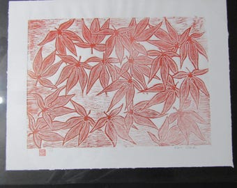 Japanese Maple tree leaf hand carved woodcut woodblock print Moku Hanga signed Kevin Clark