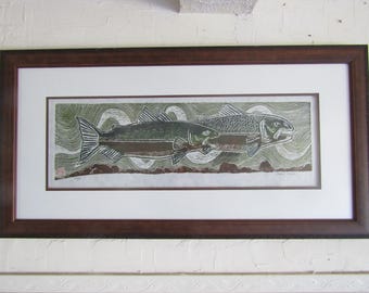 Sushi Salmon Trout steelhead hand carved woodblock print Japanese washi paper signed Custom FRAMED artist Kevin Clark