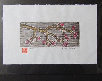 cherry tree flower plum branch hand carved woodcut woodblock print Japanese moku hanga washi paper signed Kevin Clark
